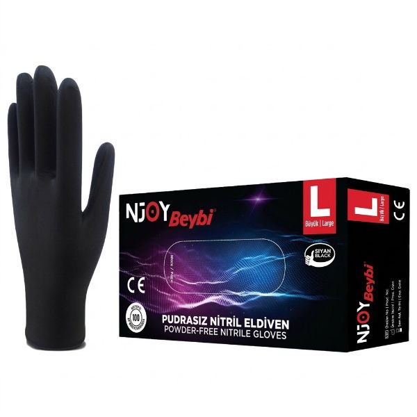 Beybi Njoy Nitril Eldiven Pudrasız Siyah Large 100'lü